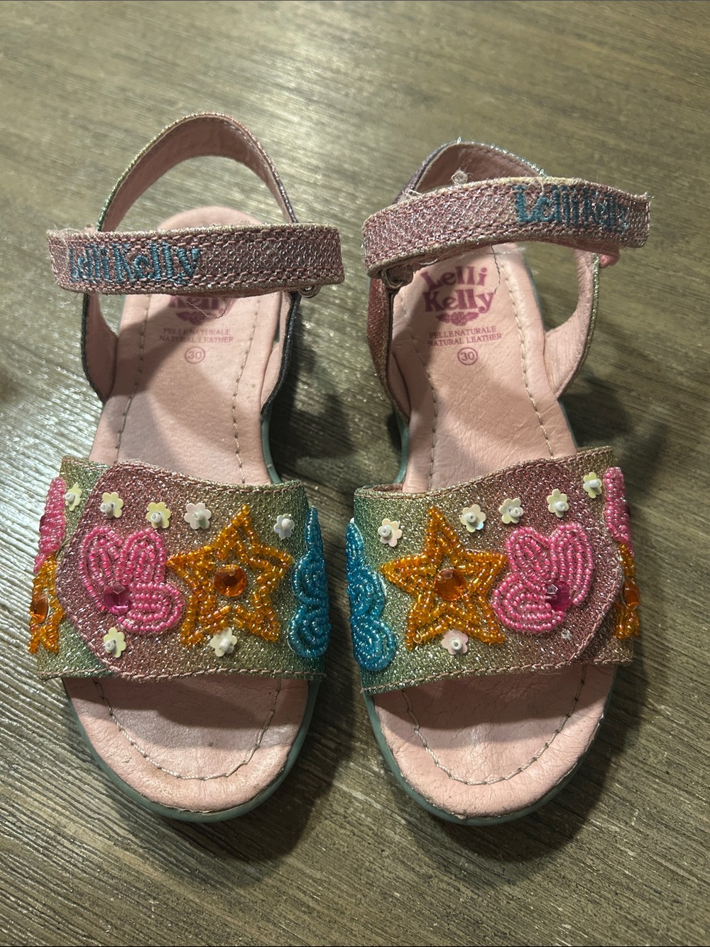 Lelli Kelly Glittery Floral Kids Sandals - Pink and Multicolor, Size 30.